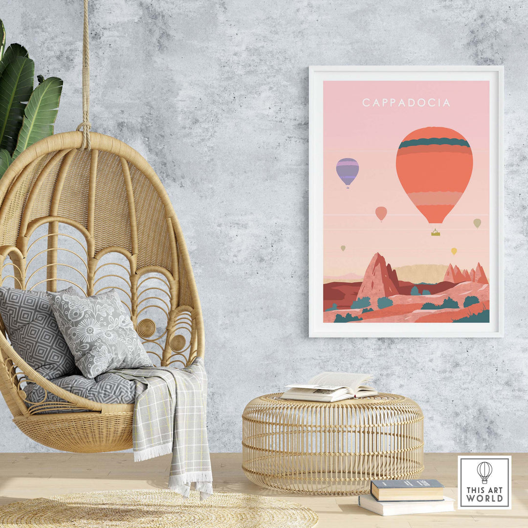 Cappadocia Print Wall Art Poster featuring vibrant hot air balloons in a stylish home setting with natural decor.
