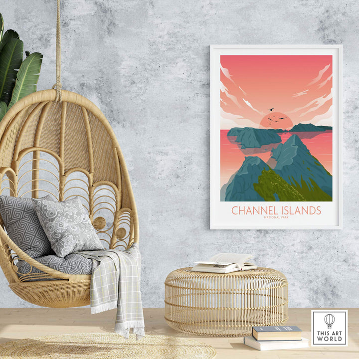 Channel Islands National Park Poster featuring minimalist design, displayed in a stylish home setting with a hanging chair.