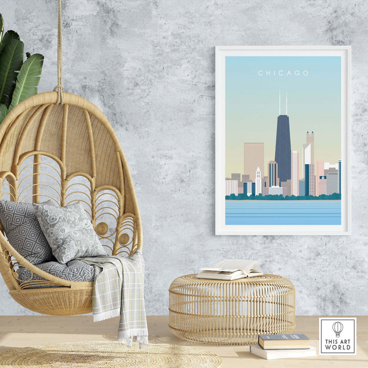 Framed Chicago print wall art poster displayed in a modern interior with a hanging chair and decorative pouf.