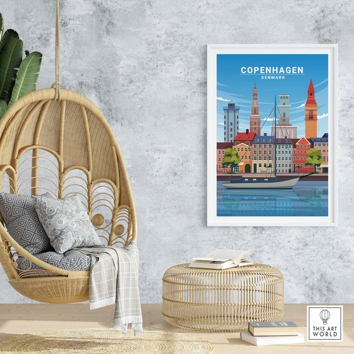 Minimalist Copenhagen print artwork displayed in a stylish home setting with a wicker chair and neutral decor.