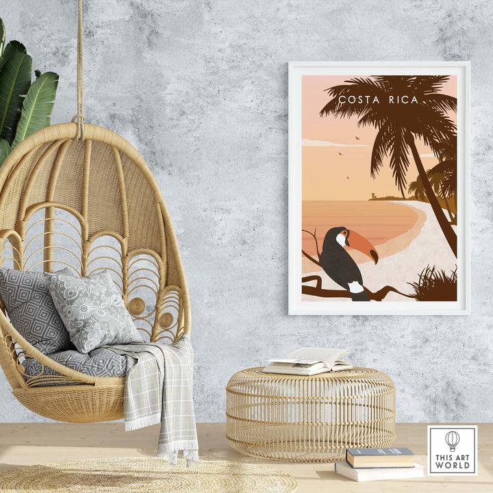Costa Rica print wall art poster displayed in a stylish interior with a hanging chair and natural decor.