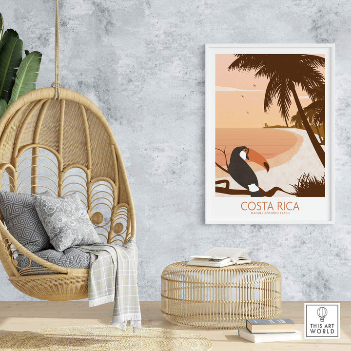 Costa Rica print poster featuring a tropical scene with palm trees and a toucan, displayed in a modern home setting.