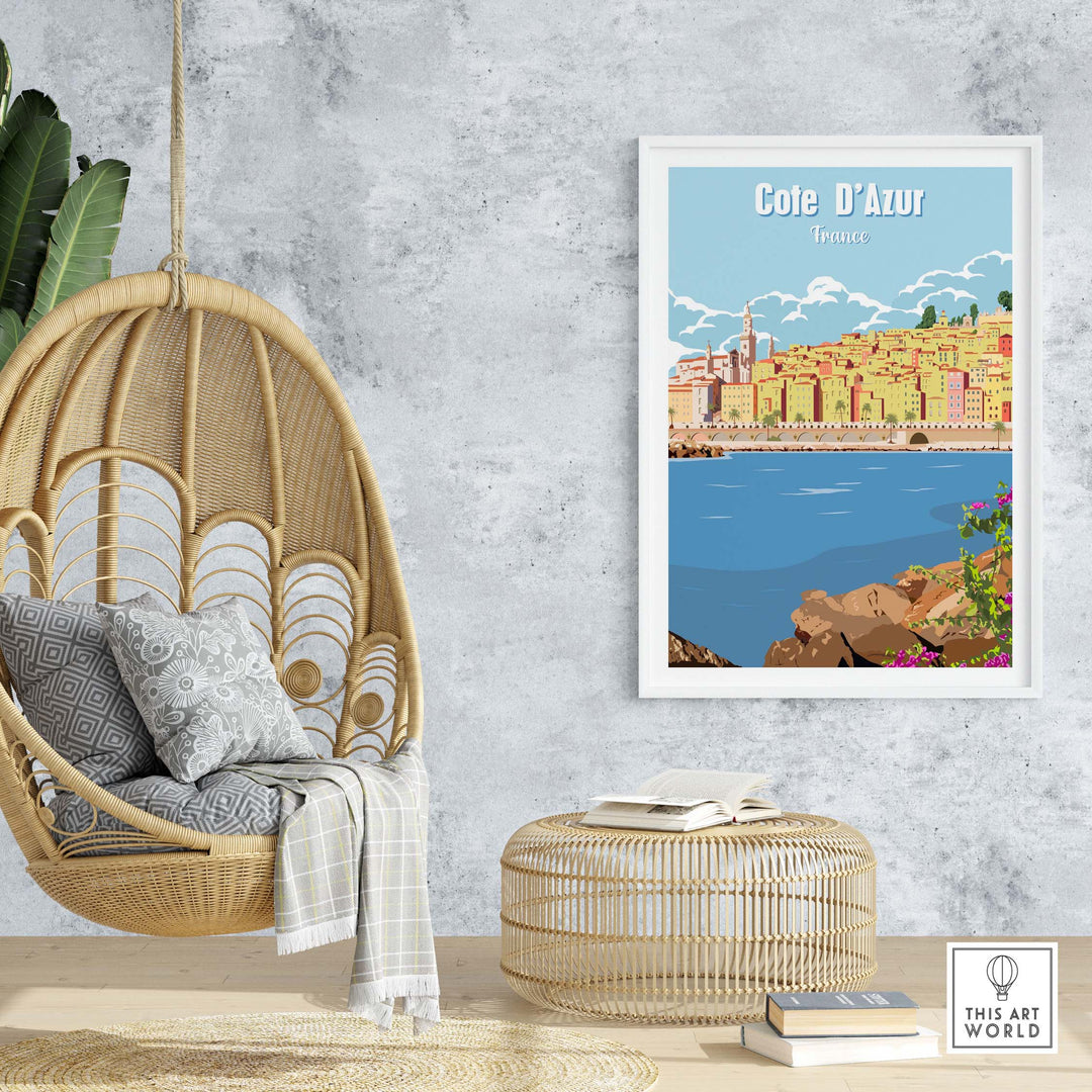 Cote d'Azur Poster Print Wall Art displayed in a modern interior with a hanging chair and stylish decor.