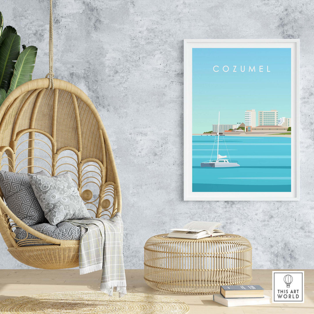 Cozumel art print displayed in a stylish interior with a hanging chair and decorative elements, showcasing island vibes.