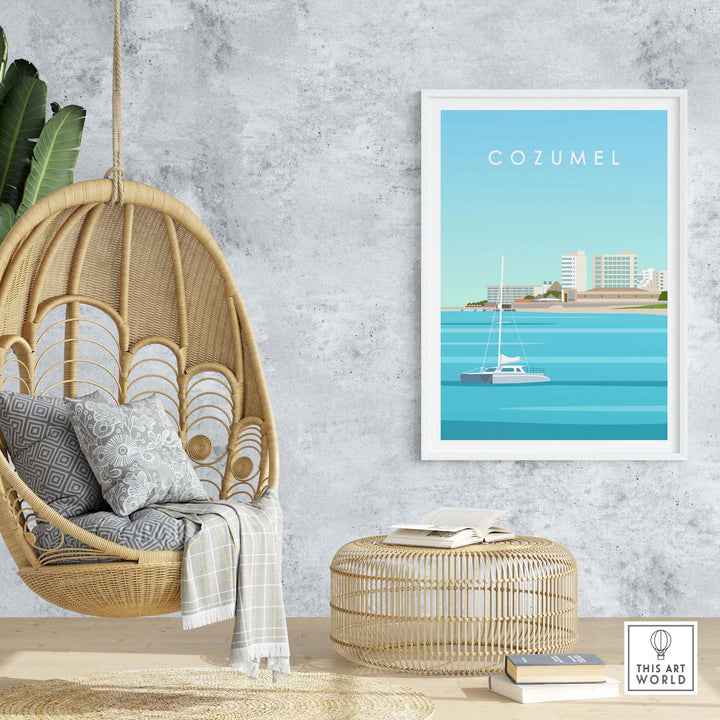 Cozumel art print displayed in a stylish interior with a hanging chair and decorative elements, showcasing island vibes.