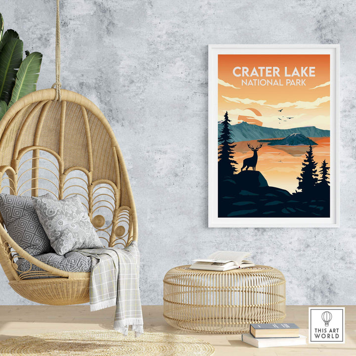 Framed Crater Lake National Park print displayed in a stylish interior with a hanging chair and decorative accents.