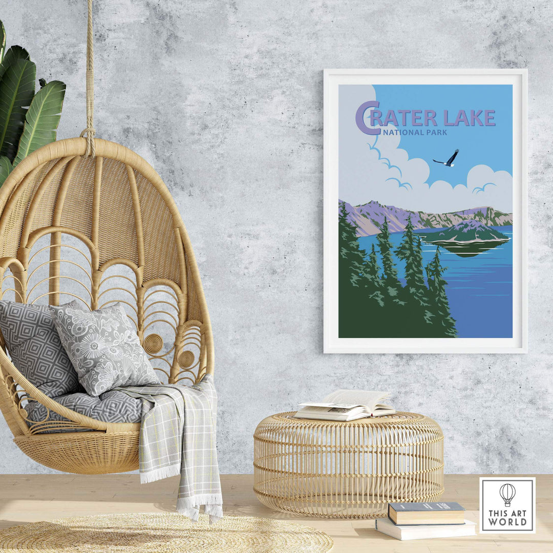 Crater Lake National Park vintage print displayed in a modern home setting with rattan chair and decor.