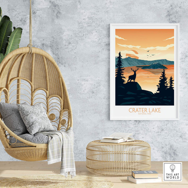 Crater Lake National Park poster in a modern living room with a hanging chair and cozy decor.