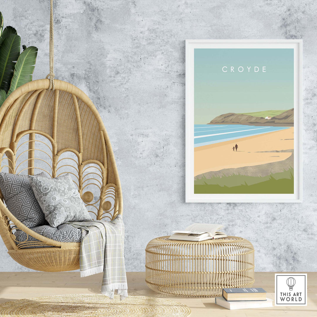 Croyde Poster Print Wall Art in a stylish interior with a hanging chair and natural decor