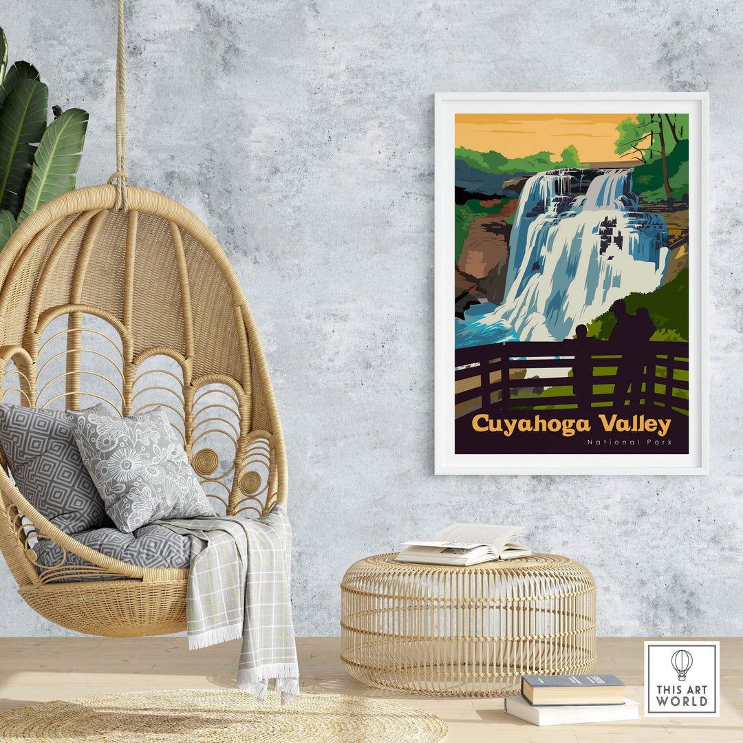 Cuyahoga Valley National Park poster art displayed in a cozy setting with a hanging chair and styled decor.