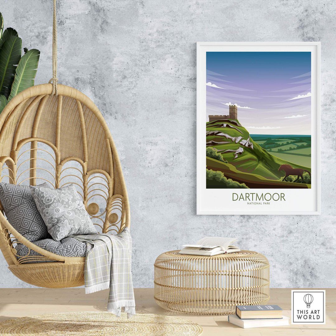 Dartmoor National Park poster in a modern minimalist style, displayed in a cozy interior with a hanging chair and stylish decor.