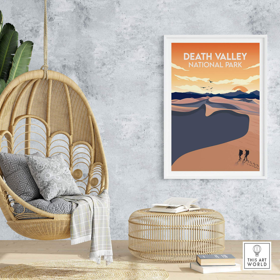 Death Valley National Park poster art in minimalist style, featuring desert landscape and adventure vibes.