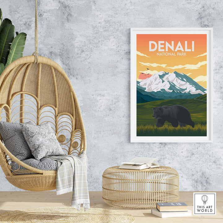 Denali National Park poster featuring a bear and mountains in a stylish home setting.