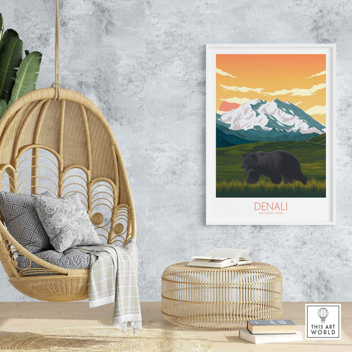 Denali National Park poster featuring a bear and mountains, displayed in a modern living space.
