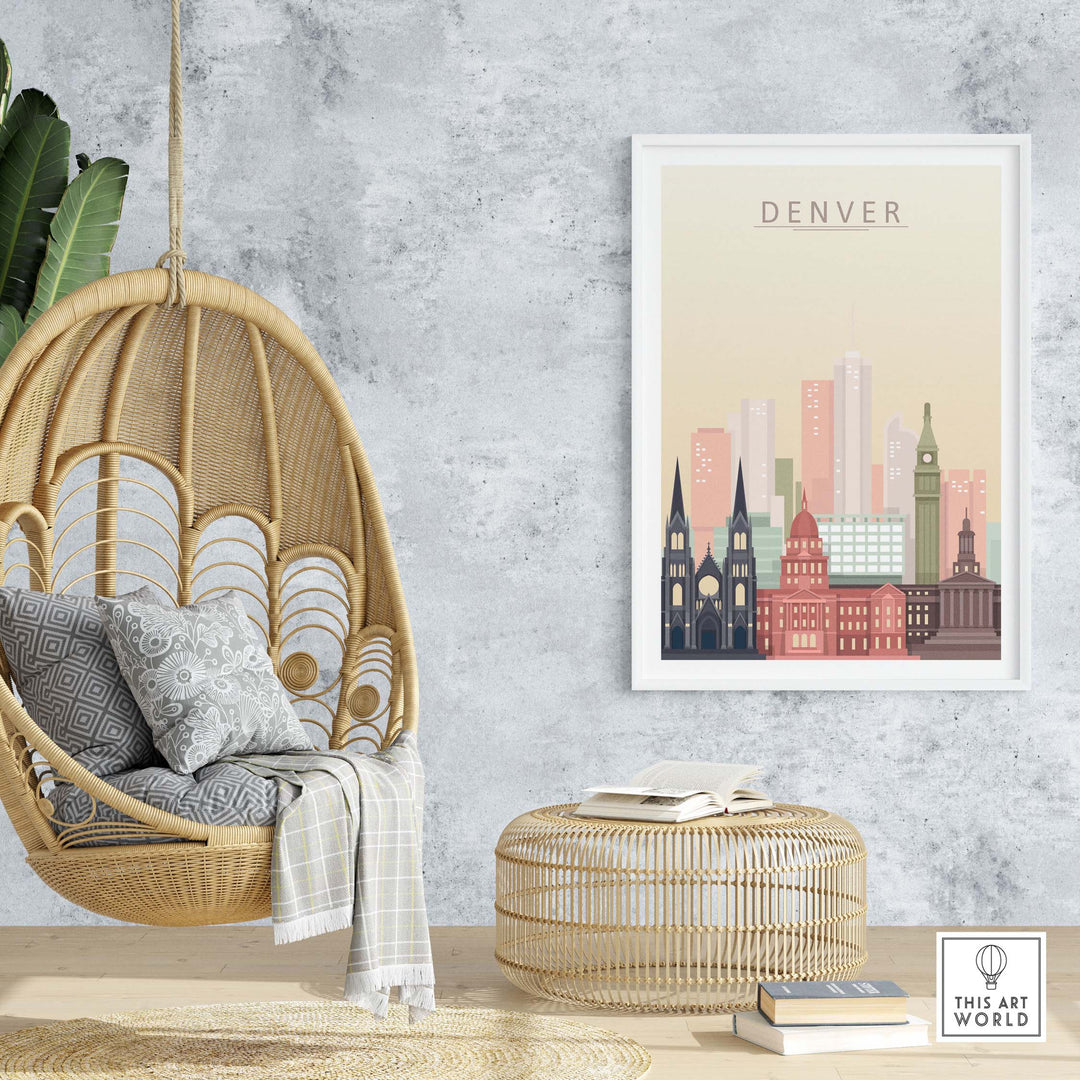 Denver Skyline Print featuring iconic architecture in pastel tones, perfect for stylish home or office decor.