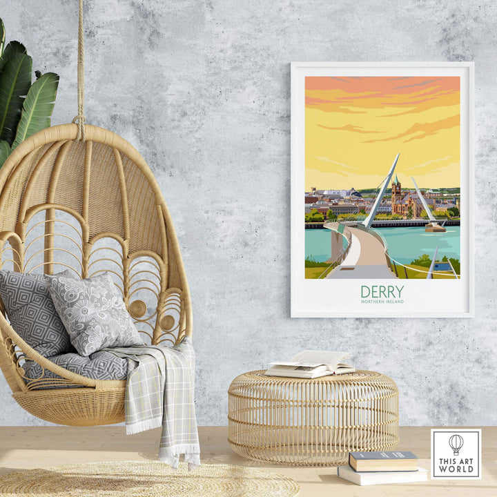 Derry Print Northern Ireland poster displayed in a stylish home setting with furniture and decor.