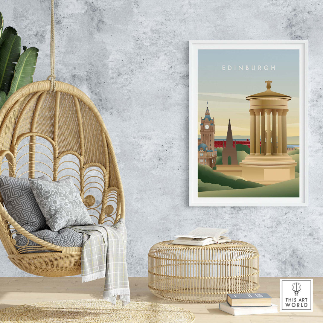 Edinburgh Wall Art Poster in a cozy interior, featuring iconic landmarks in a stylish frame.