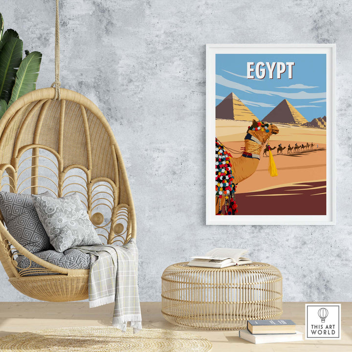 Egypt Wall Art Print featuring pyramids and camel, stylish decor for home or office, inspired by vintage travel.