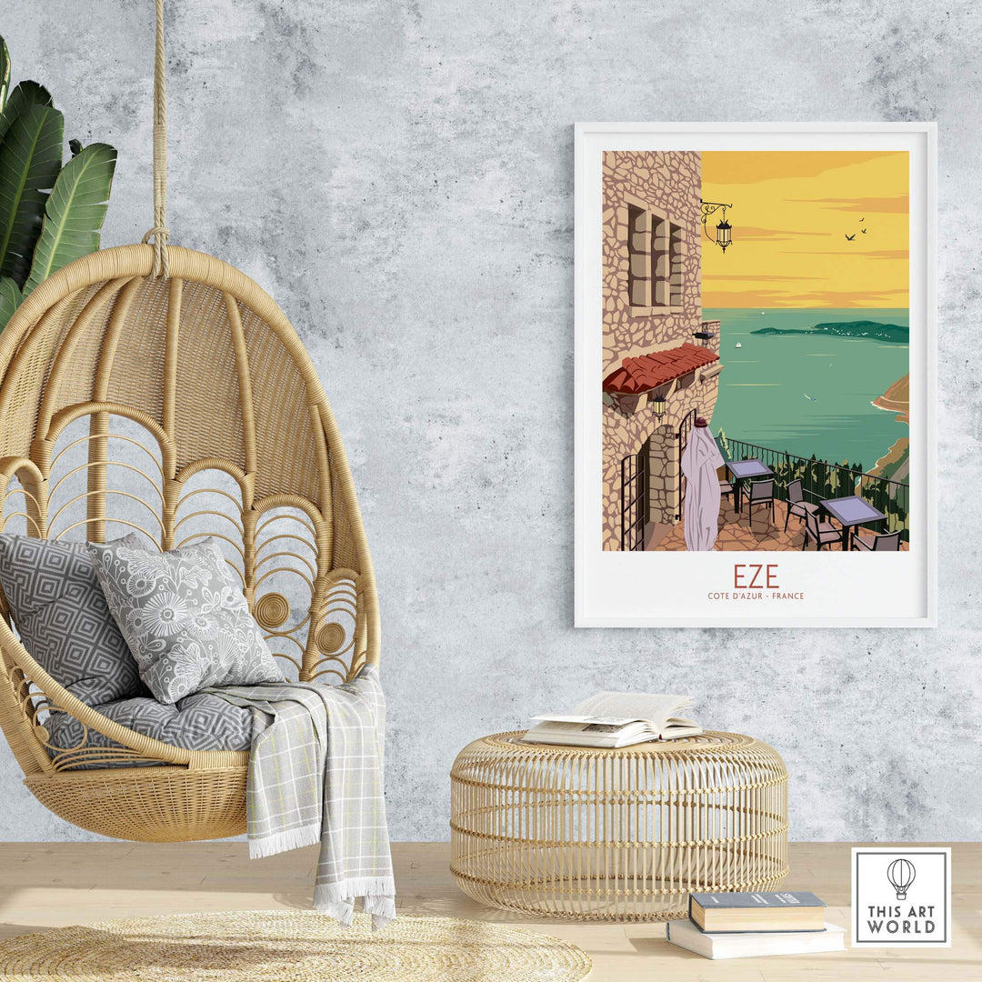 Eze Print France Travel Poster displayed in a cozy interior featuring a hanging chair and stylish decor.