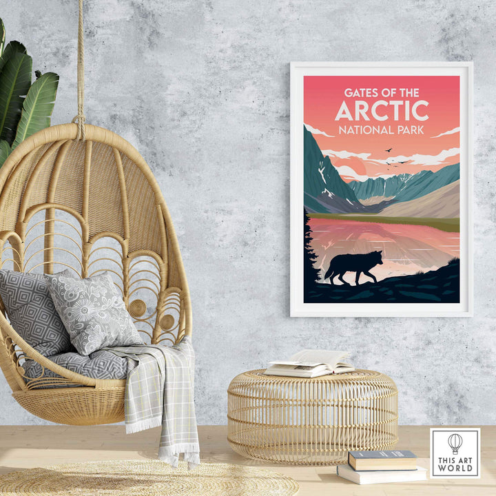 Gates of the Arctic National Park vintage poster displayed in a modern setting with a hanging chair and decor.