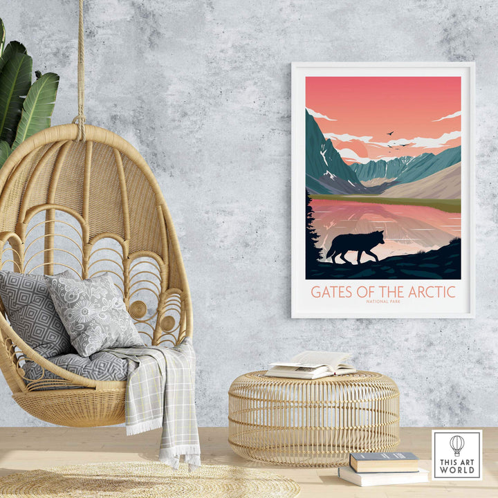 Gates of the Arctic National Park poster art print displayed in a stylish room with a swinging chair.