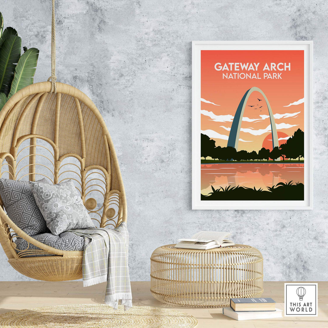 Gateway Arch National Park poster in stylish interior setting with hanging chair and decorative elements.