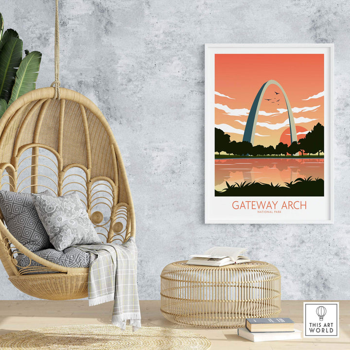 Gateway Arch National Park poster art print in a minimalist style, displayed in a stylish home setting.