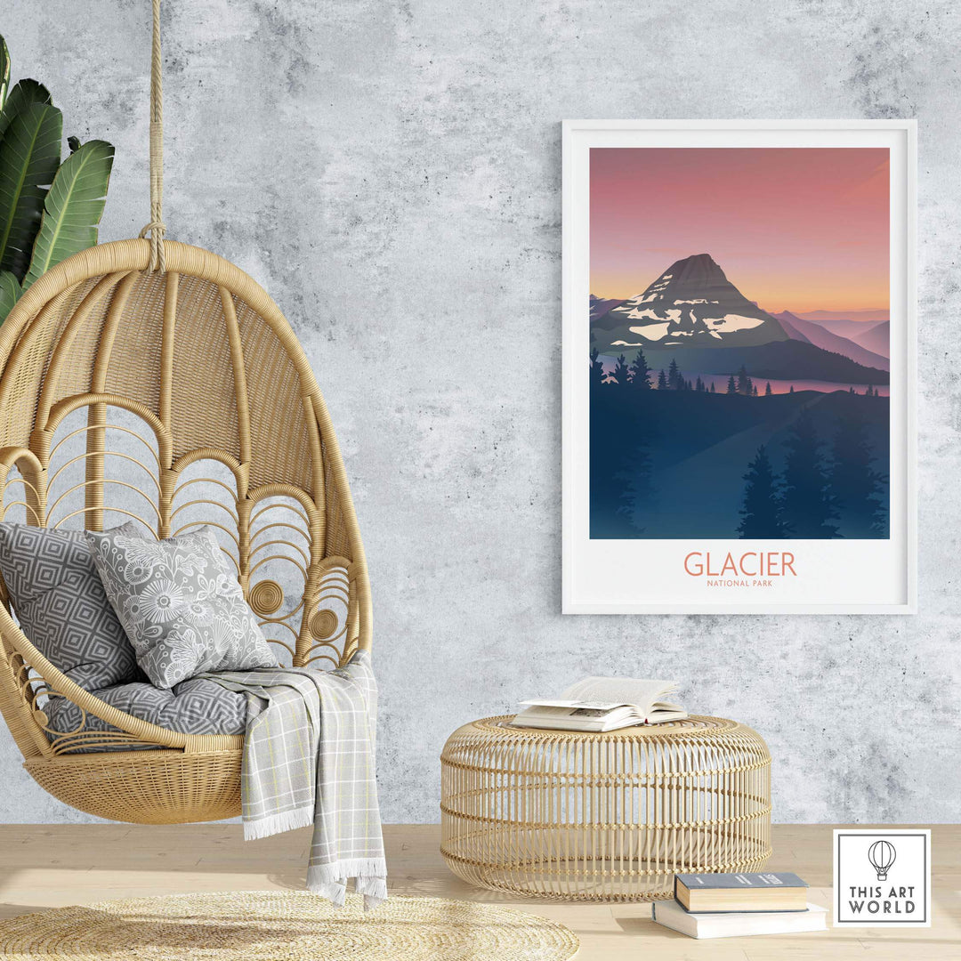 Glacier National Park art print displayed in a stylish interior with a hanging chair and natural decor.