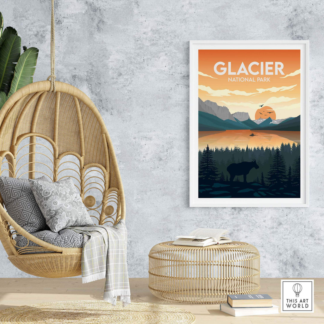 Glacier National Park poster displayed in a stylish interior with hanging chair and natural decor.