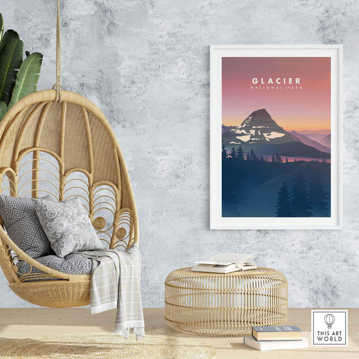 Framed Glacier National Park art print in stylish home decor setting, showcasing scenic mountain view at sunset.