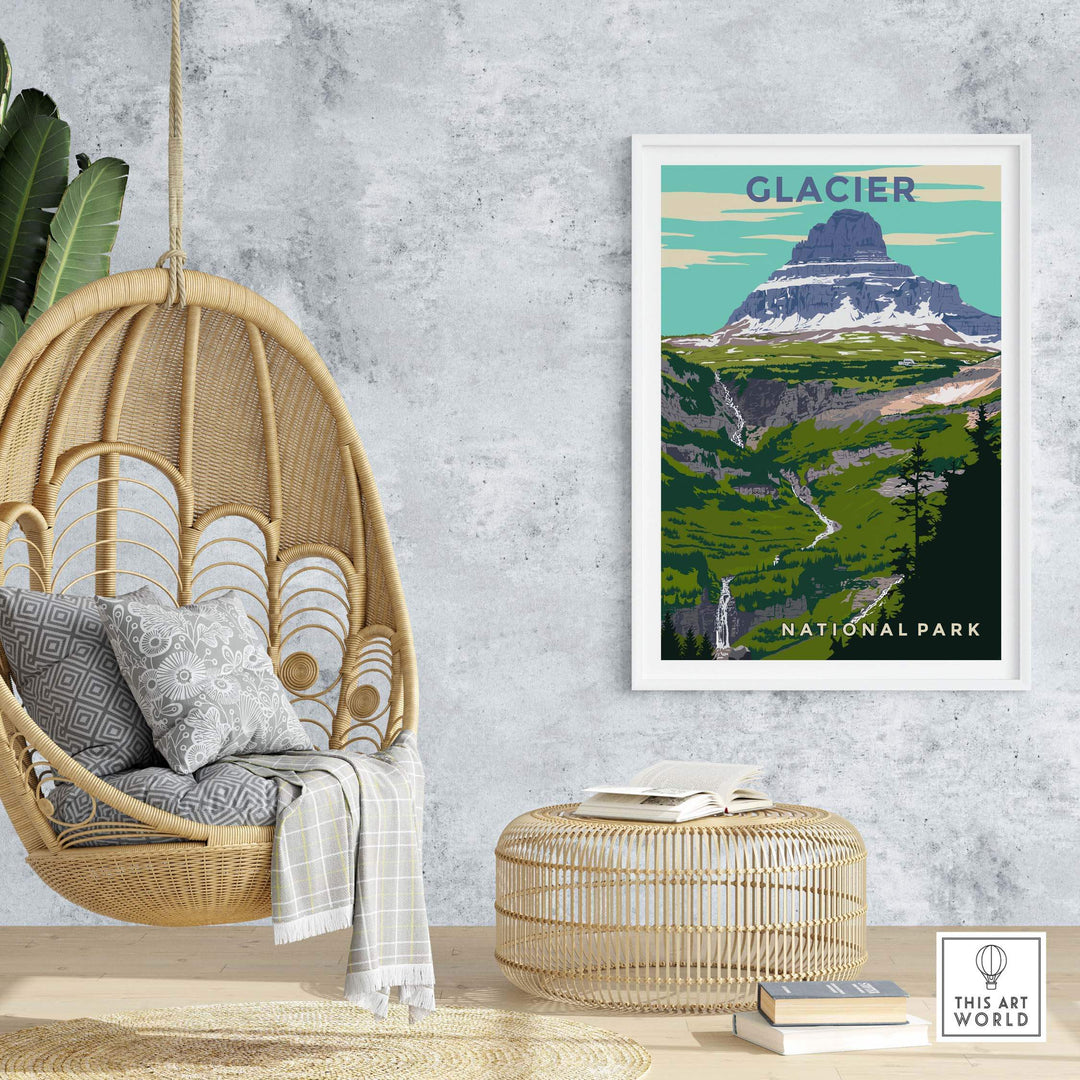 Glacier National Park vintage-inspired print displayed in a stylish home setting with a hanging chair and decorative accents.