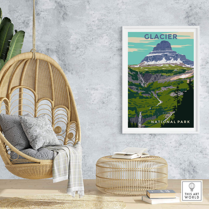 Glacier National Park vintage-inspired print displayed in a stylish home setting with a hanging chair and decorative accents.