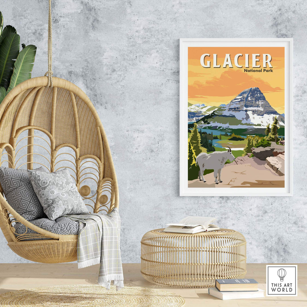 Vintage Glacier National Park poster print art displayed in a stylish home setting with a hanging chair and natural decor.