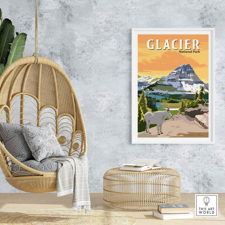 Vintage Glacier National Park poster print art displayed in a stylish home setting with a hanging chair and natural decor.