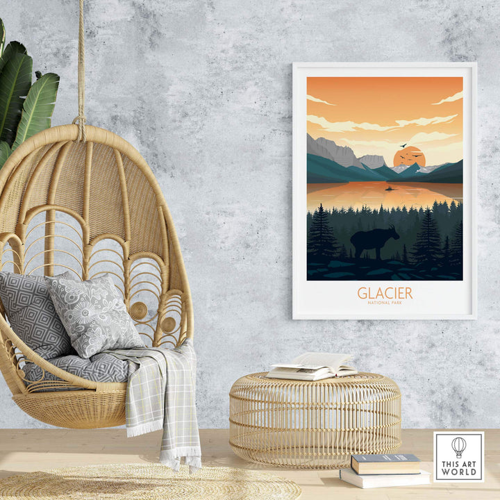 Glacier National Park poster in a stylish living room setting, featuring a sunset landscape and a bear silhouette.