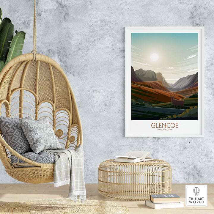 Glencoe National Park poster art print displayed in a stylish home setting with modern decor and cozy seating.