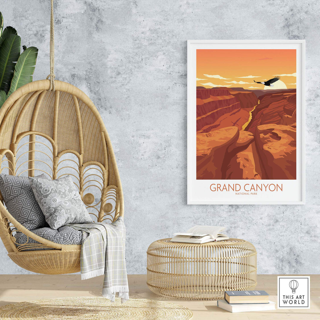 Grand Canyon National Park poster in modern minimalist style displayed in a stylish interior with hanging chair and decor.