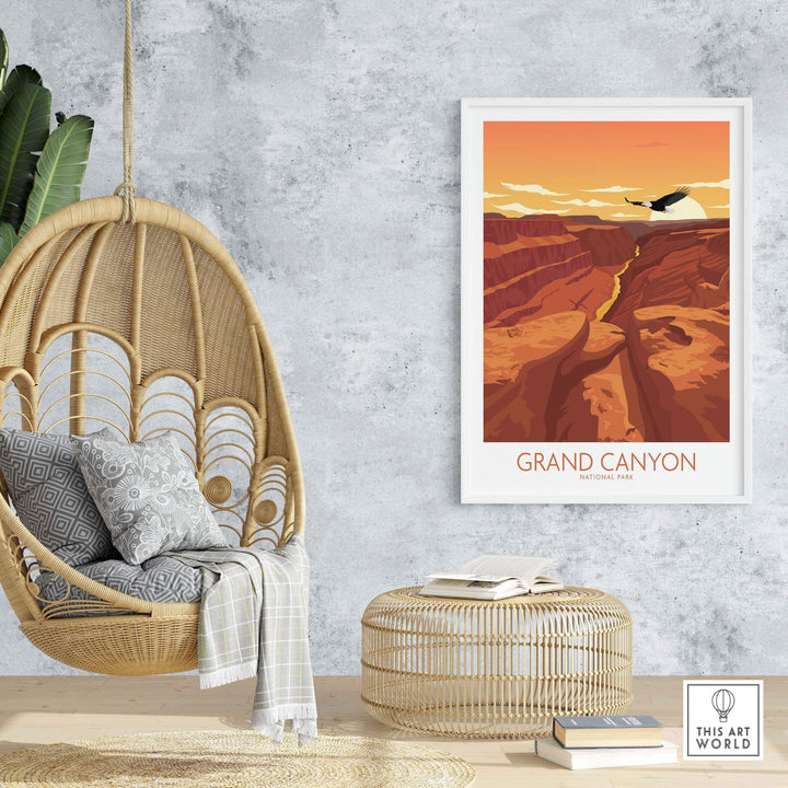Grand Canyon National Park poster in modern minimalist style displayed in a stylish interior with hanging chair and decor.