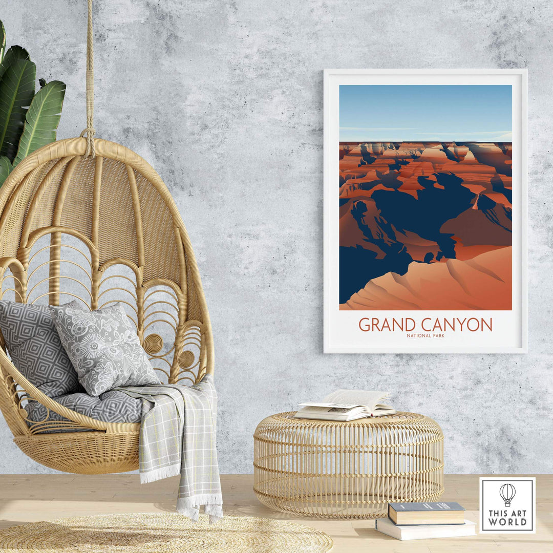 Grand Canyon National Park art print displayed in a stylish interior featuring a hanging chair and decorative elements.