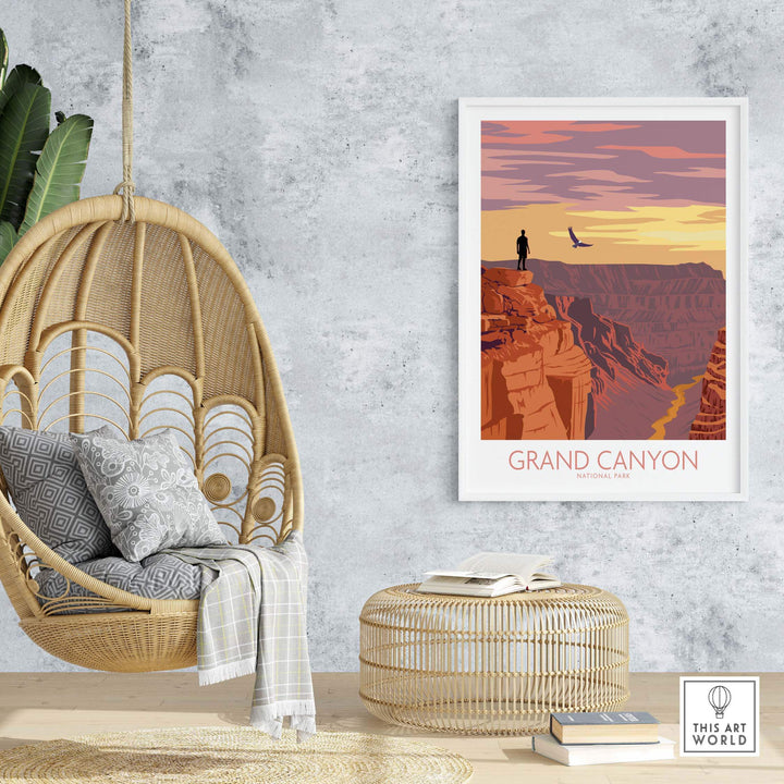 Vintage Grand Canyon poster print displayed in a cozy interior setting, showcasing wanderlust and outdoor adventure.