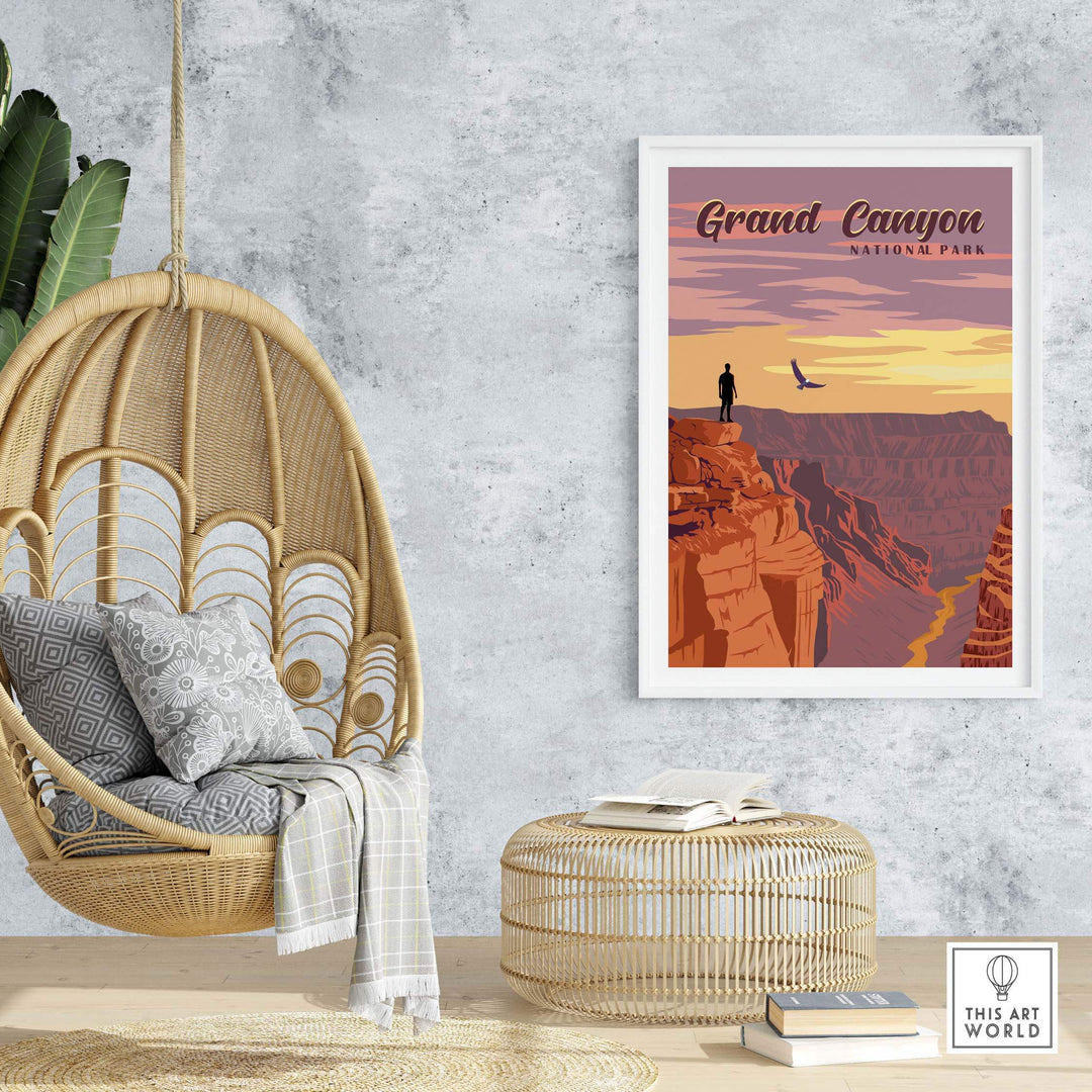 Grand Canyon National Park print displayed in a cozy home setting with hanging chair and stylish decor.