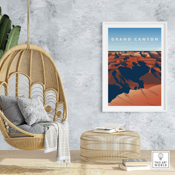 Grand Canyon National Park art print displayed in a modern living room setting with a hanging chair and stylish decor.