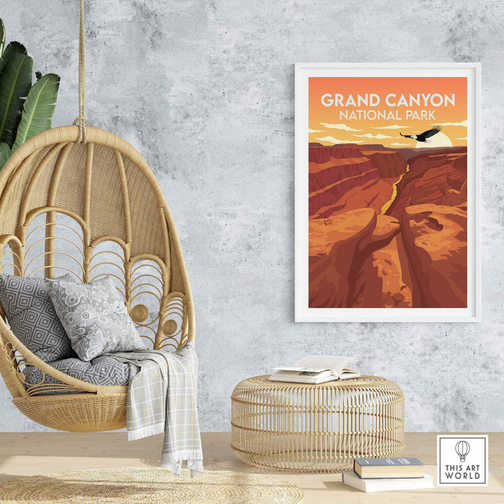 Grand Canyon National Park poster displayed in a stylish room with a hanging chair and natural decor elements.