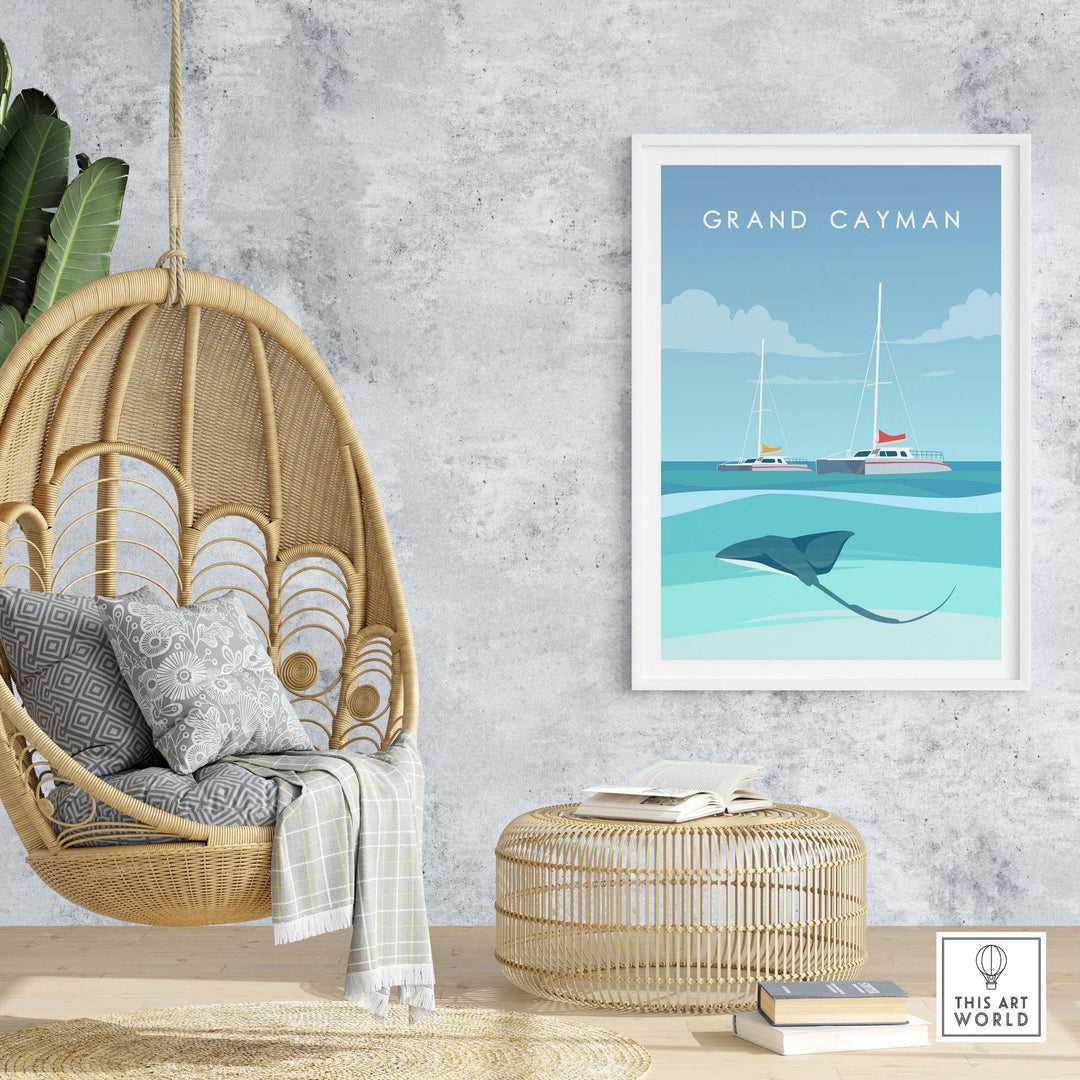 Grand Cayman wall art poster featuring a stingray and sailboats, perfect for travel-inspired decor in a stylish setting.