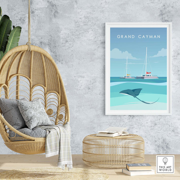 Grand Cayman wall art poster featuring a stingray and sailboats, perfect for travel-inspired decor in a stylish setting.