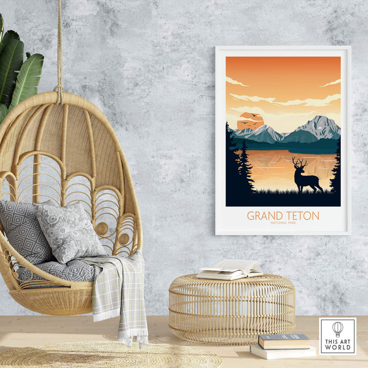 Grand Teton National Park art print displayed in a stylish boho living space with a hanging chair.