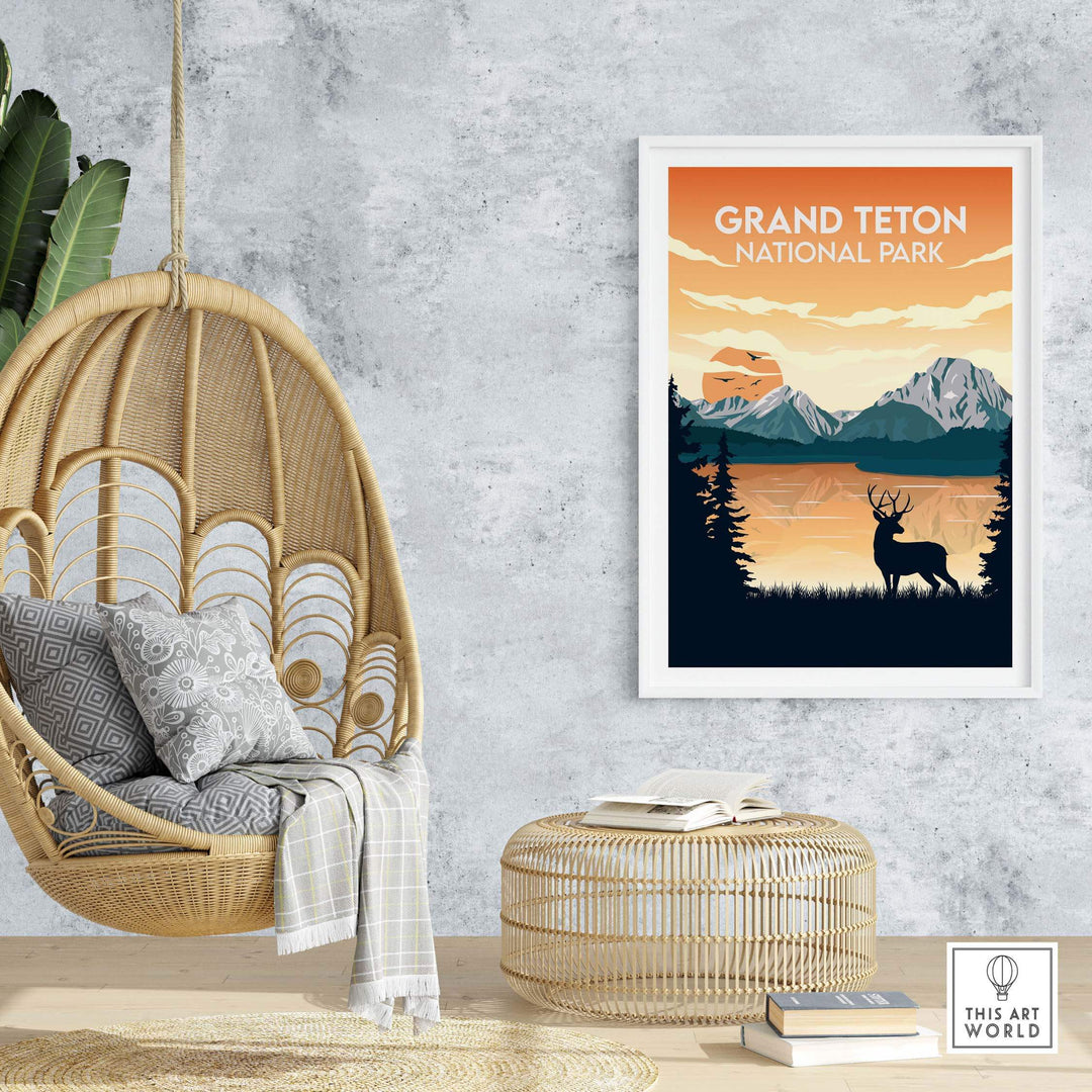 Grand Teton National Park poster framed, featuring mountains and a deer, in a stylish home decor setting.