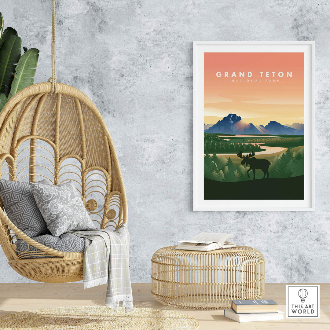 Grand Teton National Park vintage travel poster in a modern living space, framed art print showcasing scenic landscapes.