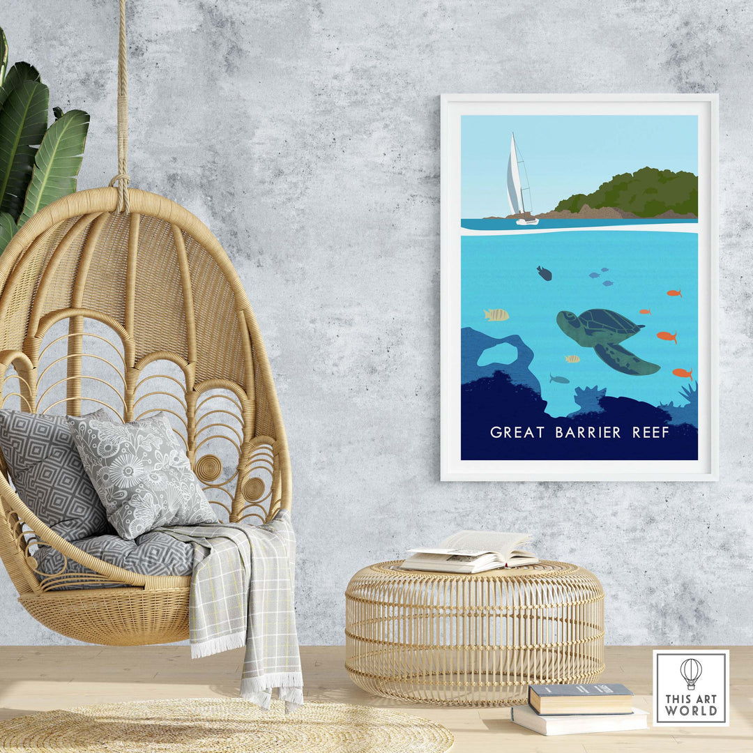 Great Barrier Reef print showcased in a stylish indoor setting with hanging chair and natural decor.