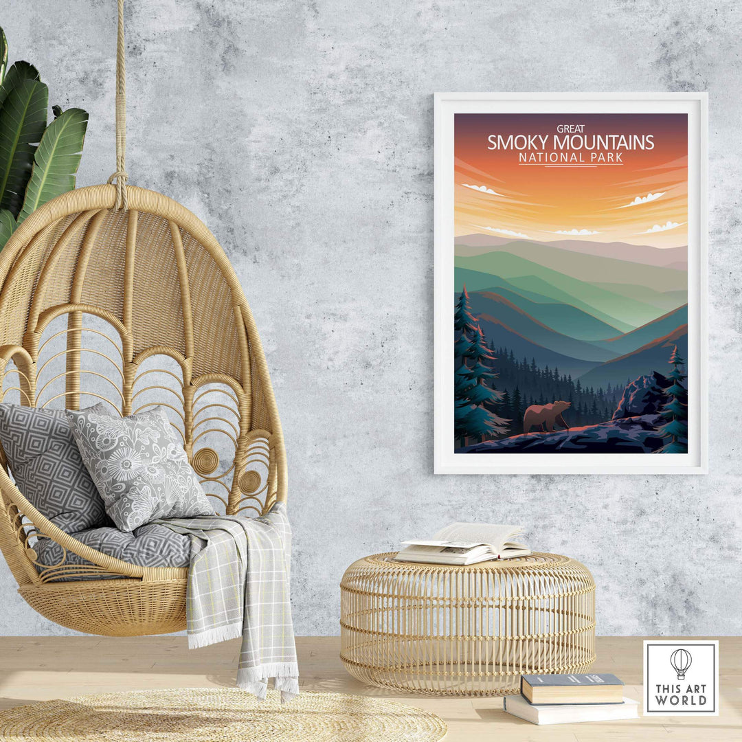 Great Smoky Mountains National Park poster in a stylish living room setting with hanging chair.